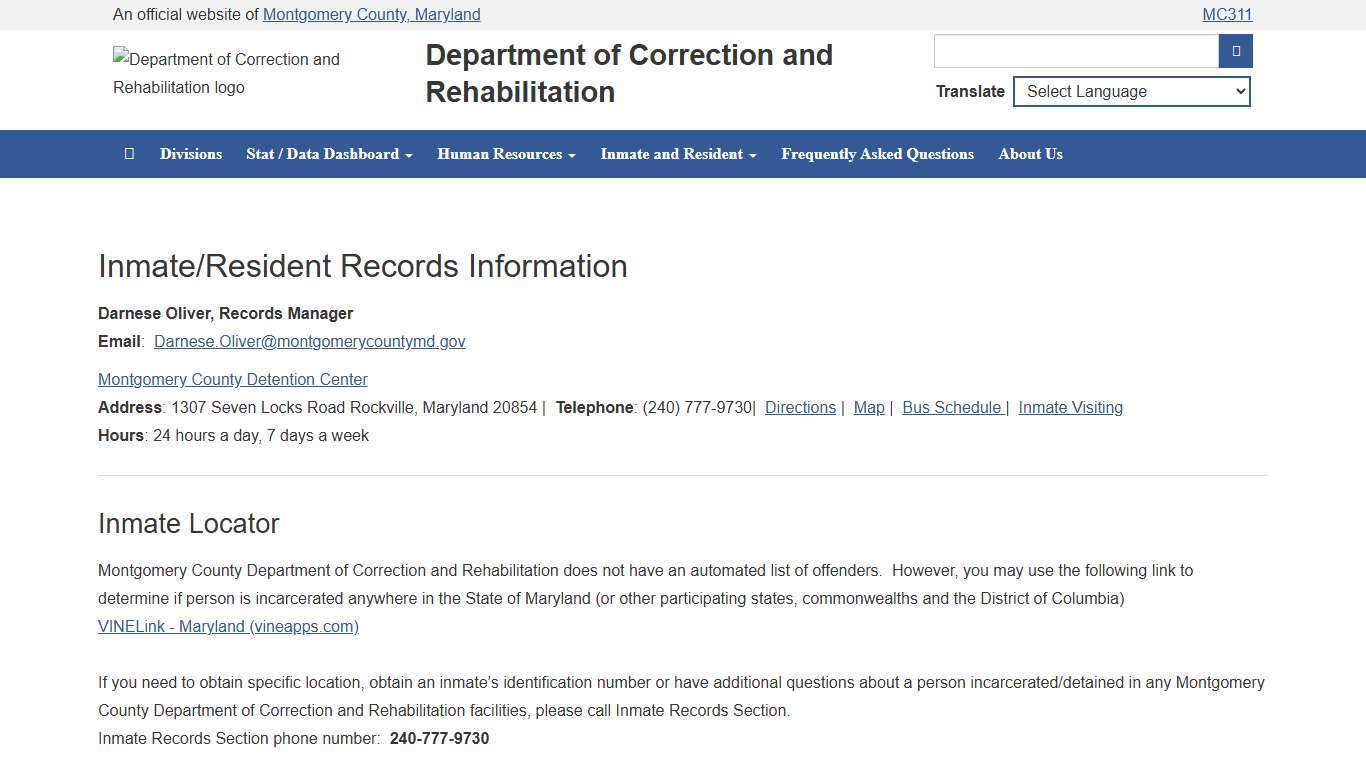 MONTGOMERY COUNTY, MD - DEPARTMENT OF CORRECTION AND REHABILITATION - INMATE LOCATOR